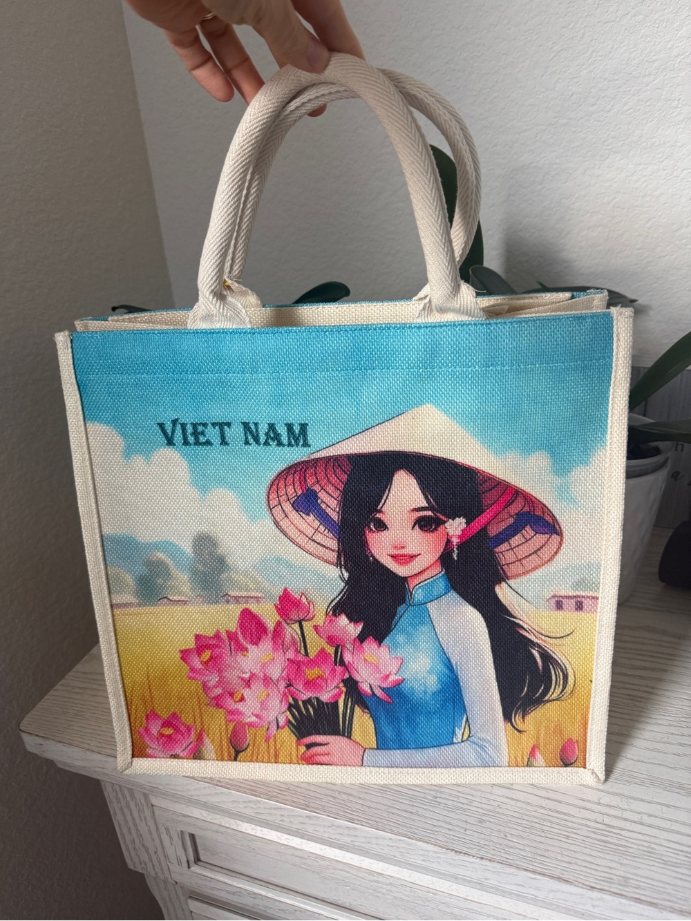 Vietnam Canvas Tote Bag with Floral Illustration - Blue